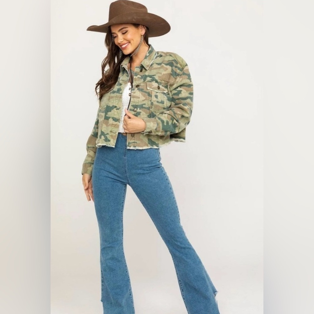 Free People Cropped Denim Camo Jacket